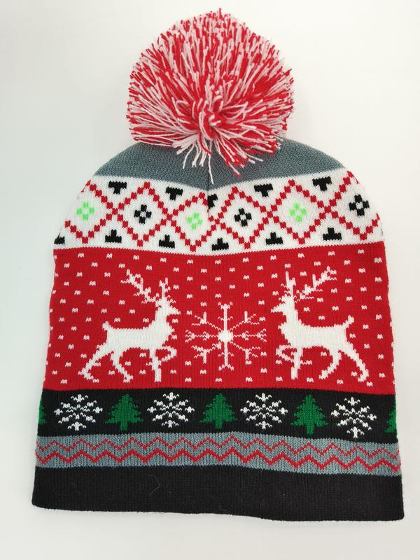Red and white Fair Isle knit Christmas beanie hat with reindeer, snowflakes, trees, and red-white pom pom on top - MOQ 100pcs mixed colors OK