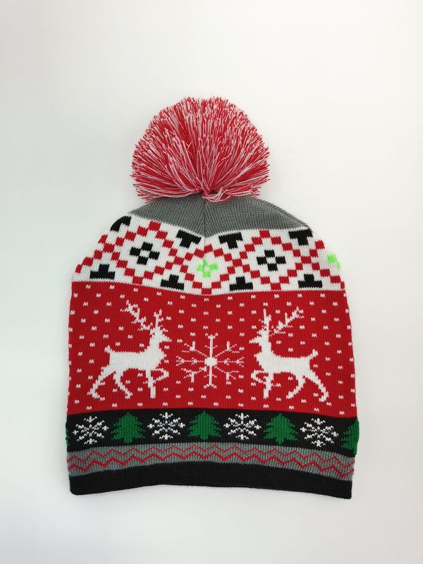 Red holiday knit beanie with white reindeer, snowflakes, green Christmas trees, black geometric pattern, and large red pom-pom on top - small batch 100pcs accepted