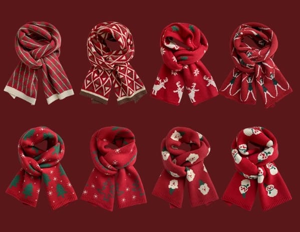 Eight red knitted Christmas scarves with holiday patterns including reindeer, snowmen, Santa, snowflakes, and Christmas trees on dark red background - ISO 9001 quality controlled