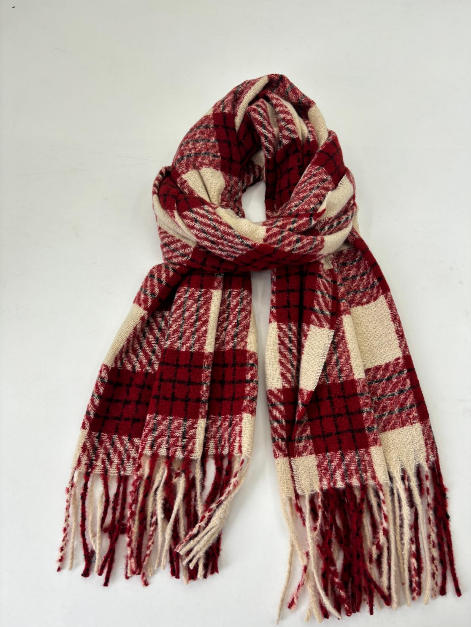 Soft red and cream plaid woven scarf with fringe ends, loosely knotted on white background - custom size no extra charge
