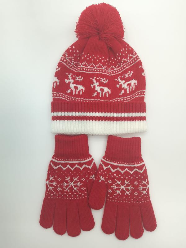 Red and white Fair Isle knit winter beanie hat with pom-pom and matching gloves featuring reindeer pattern - bulk order 20-day delivery