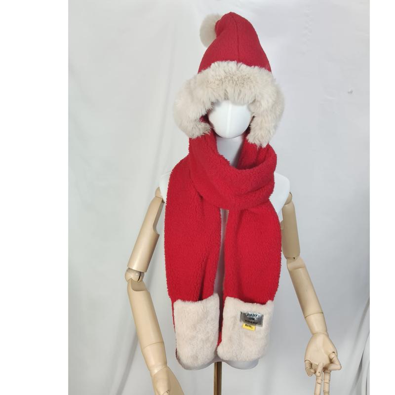 Red fleece children's hooded hat and scarf set with cream faux fur trim and white pom pom on mannequin - retail buyer inquiry welcome - hotel amenity scarf supplier