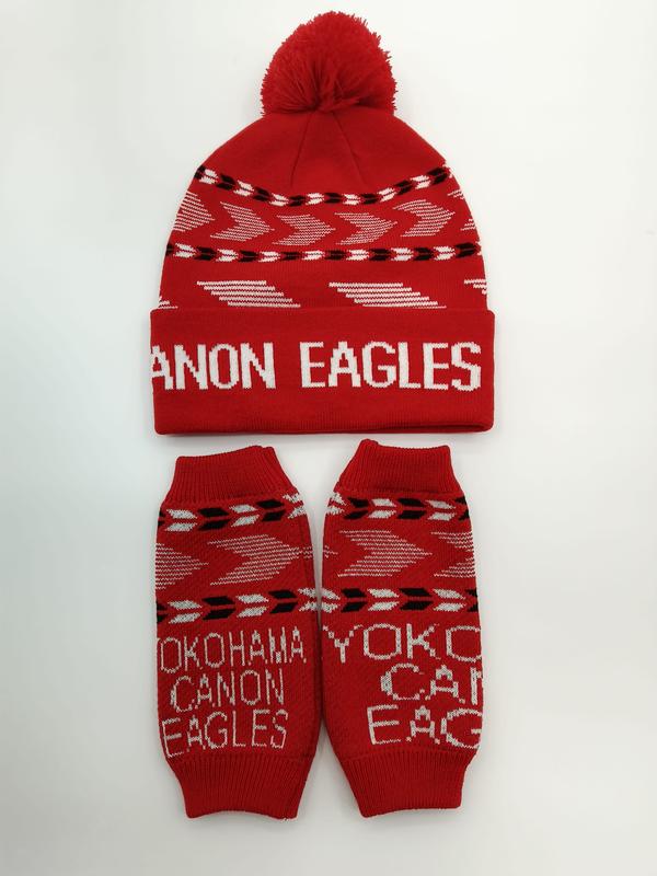 Red knit pom-pom beanie hat and matching arm warmers set with white geometric arrow pattern and team text - MOQ 100pcs mixed colors OK