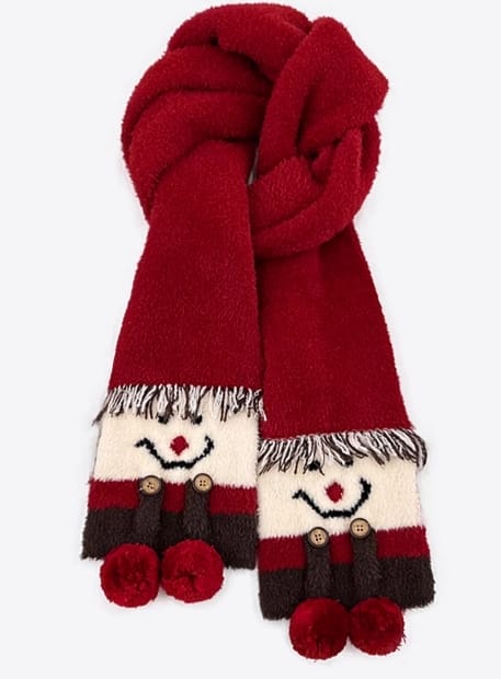 Red fluffy winter scarf with snowman face ends featuring black button eyes, smile embroidery, striped body, and red pom-pom accents - retail buyer inquiry welcome - BSCI + Oeko-Tex + GRS certified