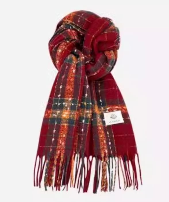 Knotted red tartan plaid scarf with green, orange, and gold accents and fringed ends on white background - tiered pricing available ask quote