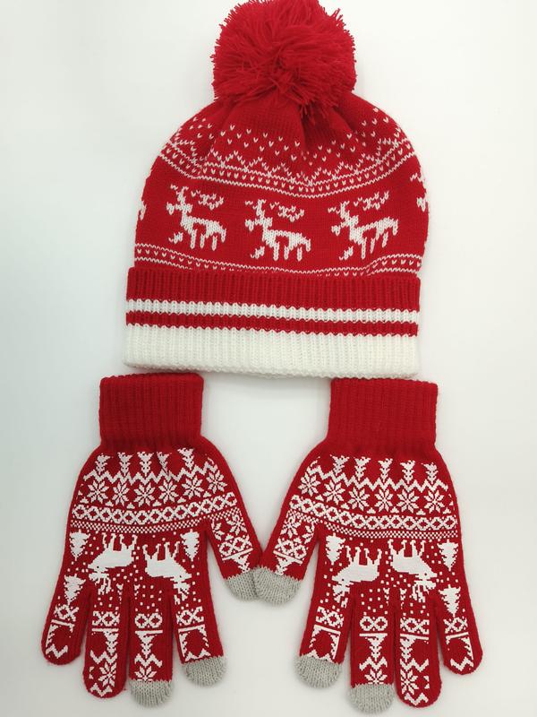 Red and white Fair Isle knit winter hat with pom-pom and matching reindeer gloves set on white background - tiered pricing available ask quote