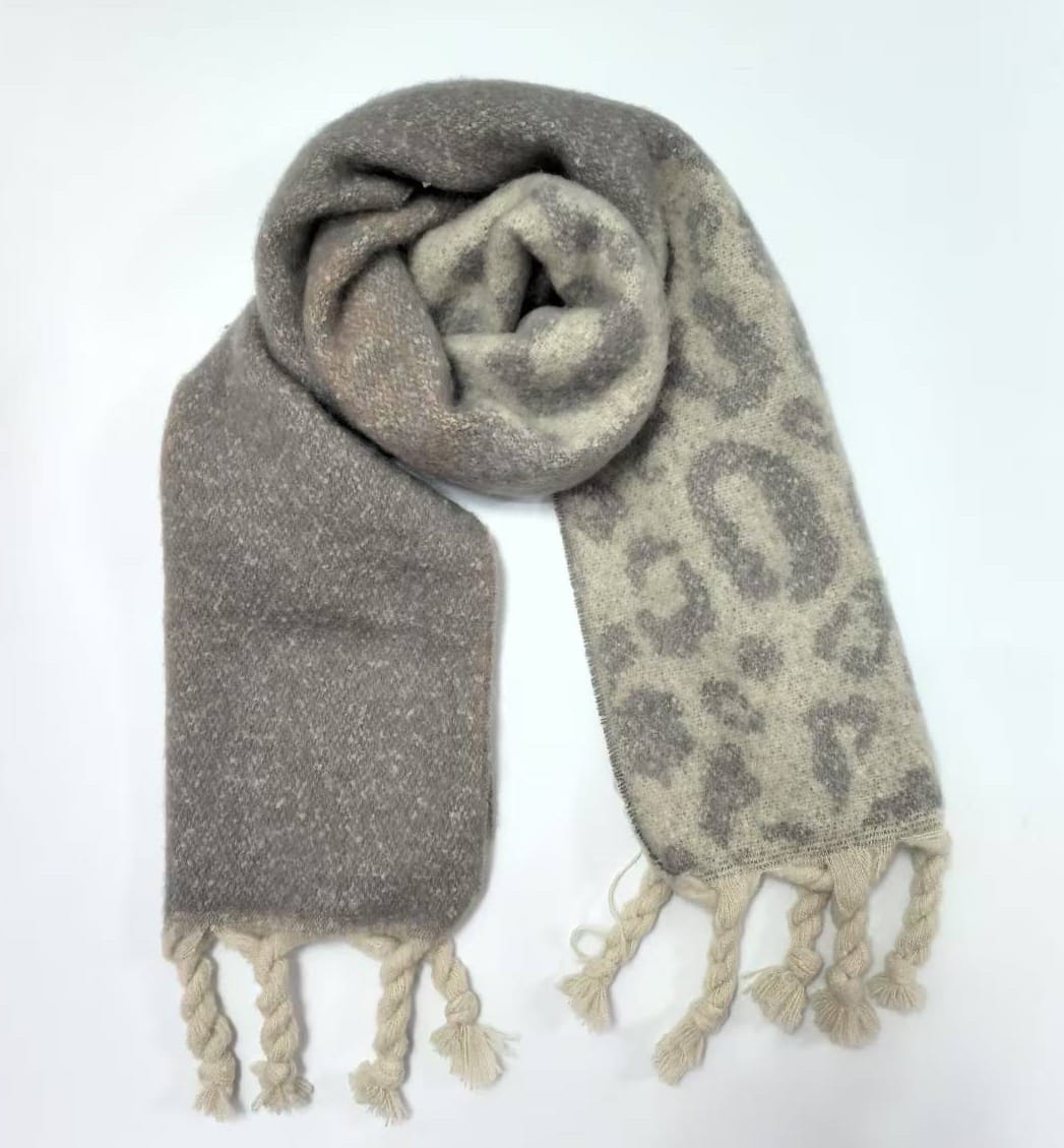Soft reversible scarf with leopard animal print on one side and solid grey on the other, with braided tassel fringe ends - custom Pantone color matching