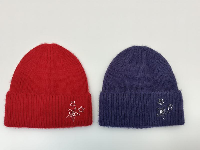 Two fuzzy ribbed knit beanies in red and purple, each decorated with silver rhinestone double-star embellishment on the cuff - no MOQ for stock designs