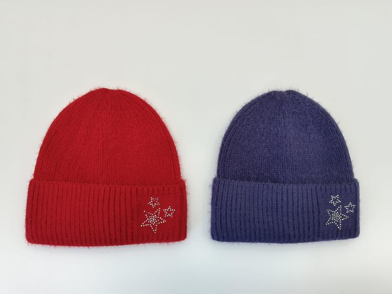Two fluffy ribbed knit beanies in red and purple, each featuring a silver rhinestone star embellishment on the cuff - corporate gift customization