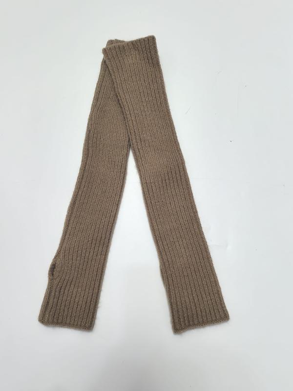 Pair of long ribbed knit fingerless arm warmers in camel tan color laid flat on white background - low MOQ 50pcs trial order