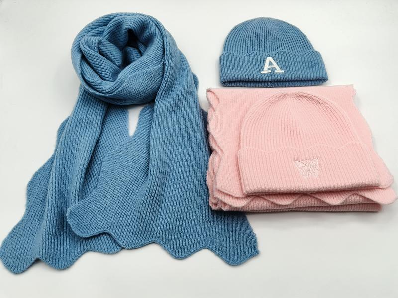Blue ribbed knit scarf with letter A embroidered beanie and pink butterfly embroidered beanie hat with matching pink scarf set - MOQ 100pcs mixed colors OK