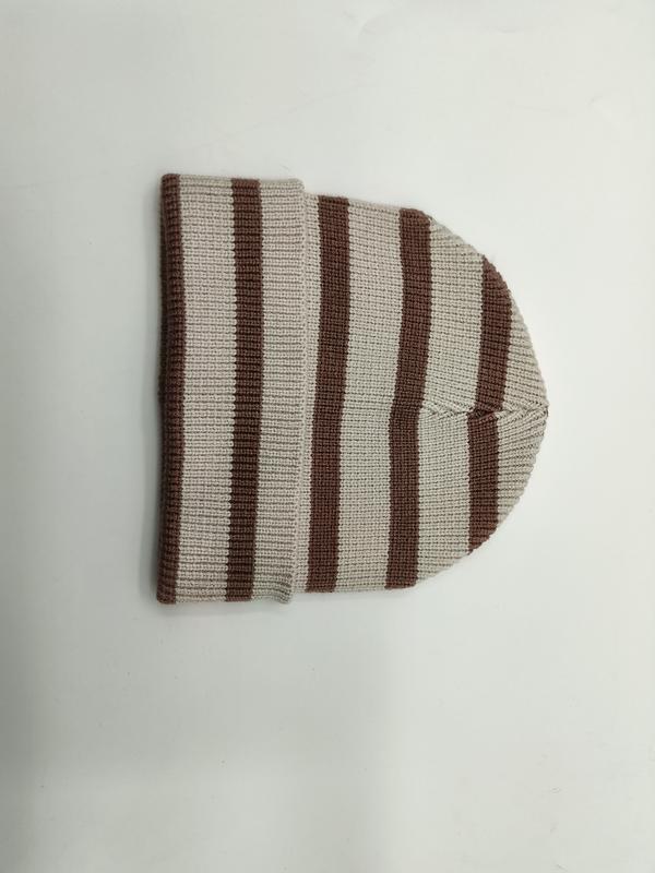 Folded ribbed knit beanie hat with brown and cream horizontal stripes on white background - wholesale price for USA buyers