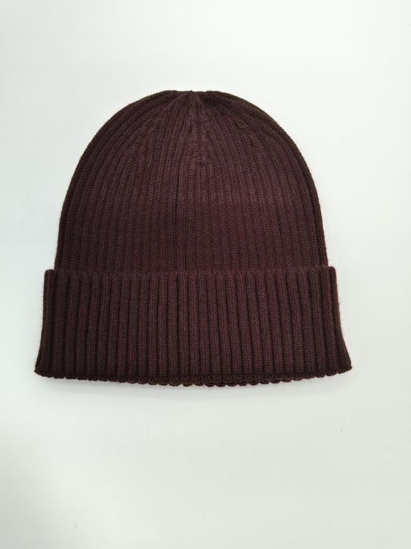 Deep burgundy ribbed knit beanie hat with folded cuff, laid flat on white background, unisex winter accessory - bulk order 500+ pcs extra 8% off