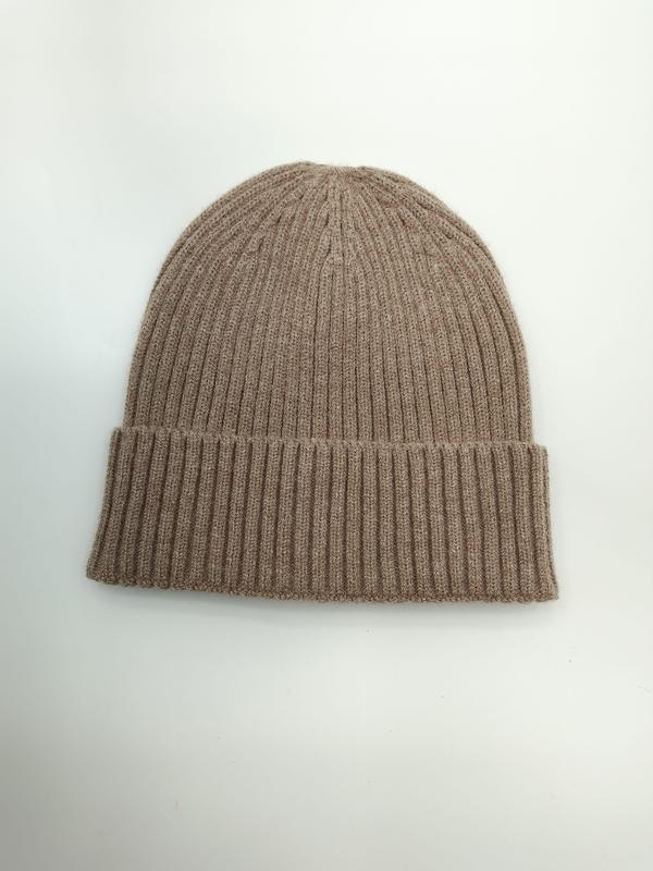 Flat lay of a taupe ribbed knit cuffed beanie hat on white background, showing fine rib texture and folded brim - tiered pricing available ask quote