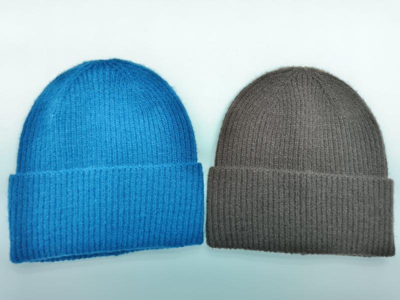 Two ribbed knit cuffed beanies side by side, one in bright blue and one in taupe brown, on white background - 5-day digital sample ready