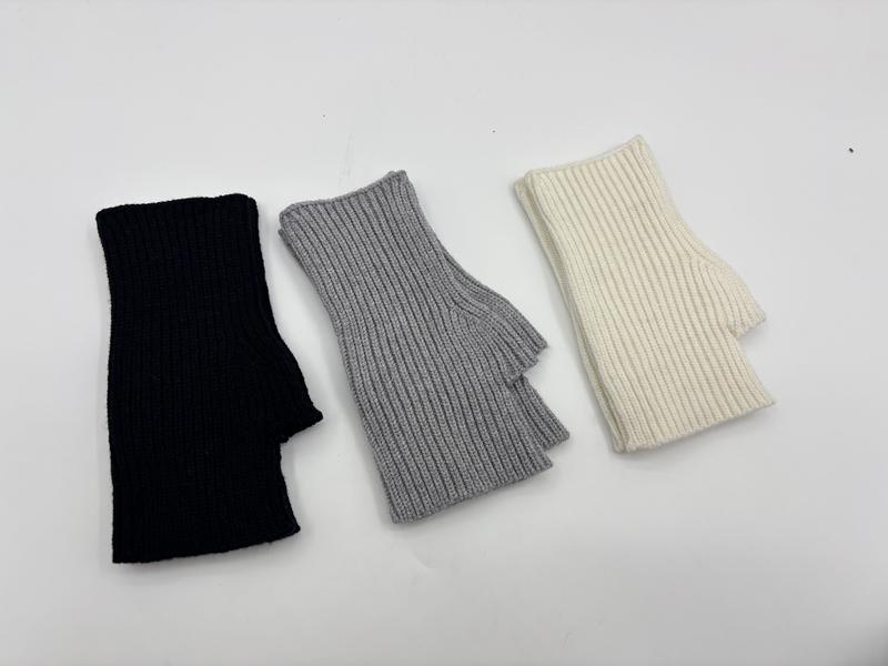 Three ribbed knit fingerless gloves laid flat in black, grey, and cream white colorways on white background - custom logo label accepted