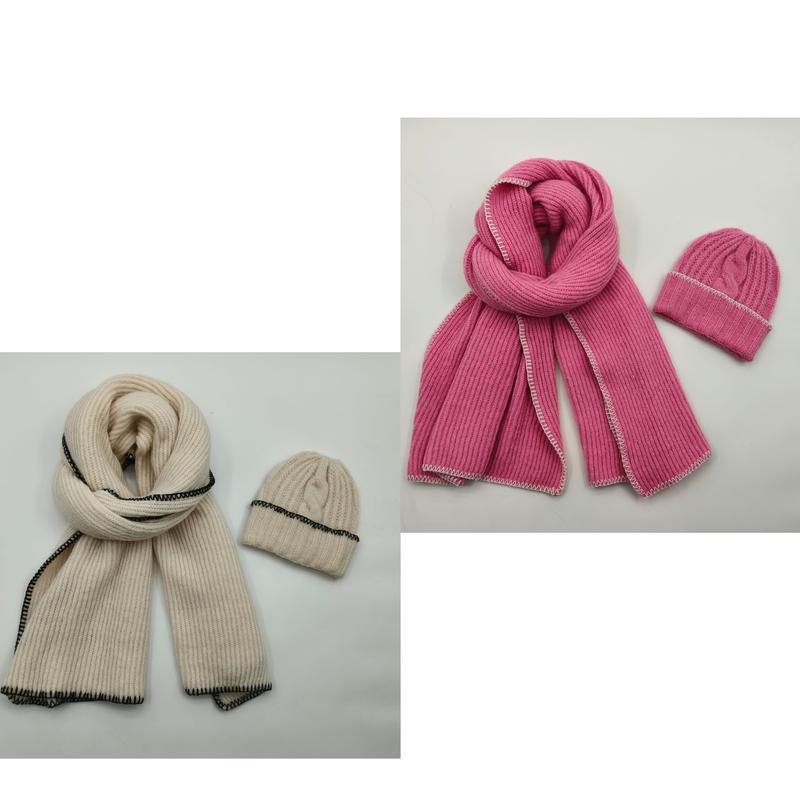 Ribbed knit winter scarf and cable knit beanie hat set in cream with black stitching and pink with white stitching - bulk order 20-day delivery