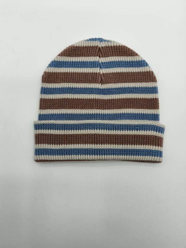 Ribbed knit beanie hat with horizontal blue, brown, and cream stripes and folded cuff, laid flat on white background - retail buyer inquiry welcome - contact for custom design quote