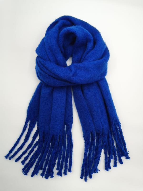 Royal blue soft brushed mohair-style scarf looped and displayed flat with long twisted fringe ends on white background - Oeko-Tex Standard 100 certified