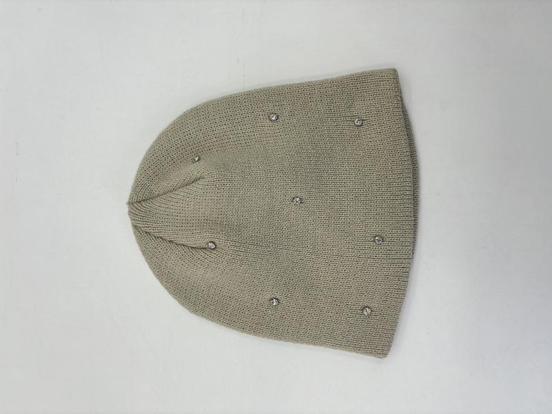 Sage green fine knit beanie hat with scattered silver crystal rhinestone studs, laid flat on white background - wholesale price for USA buyers