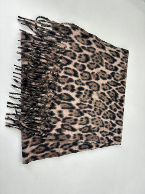 Folded beige and brown leopard print soft scarf with tassel fringe trim on white background - BSCI + Oeko-Tex + GRS certified