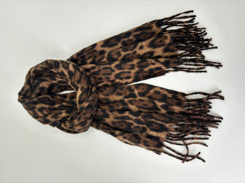 Brown and black leopard print soft scarf with knotted fringe ends, loosely tied, on white background - ISO 9001 quality controlled