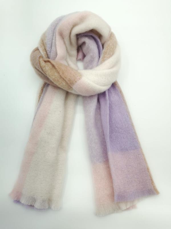 Rolled pastel mohair blend scarf with lavender, blush pink, cream, and camel color block stripes on white background - BSCI audit passed supplier