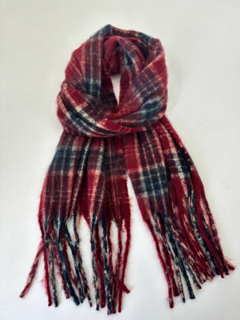 Soft brushed plaid tartan scarf in red, navy, and white with long fringe ends, loosely knotted on white background - tiered pricing available ask quote