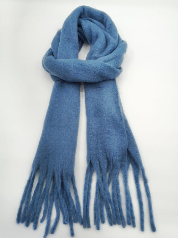 Steel blue soft brushed wool-blend winter scarf tied in a loose knot with long tassel fringe ends on white background - bulk order 500+ pcs extra 8% off