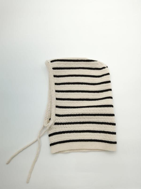 Cream and black horizontal striped crochet knit balaclava hood with tie strings, laid flat on white background - custom size no extra charge