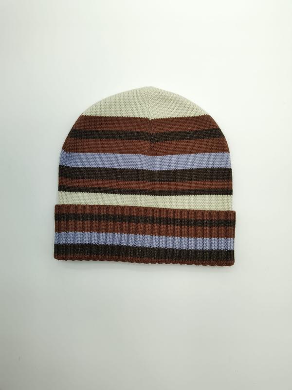 Folded cuffed knit beanie hat with horizontal stripes in cream, rust brown, dark chocolate, and periwinkle blue - ask bulk pricing get discount