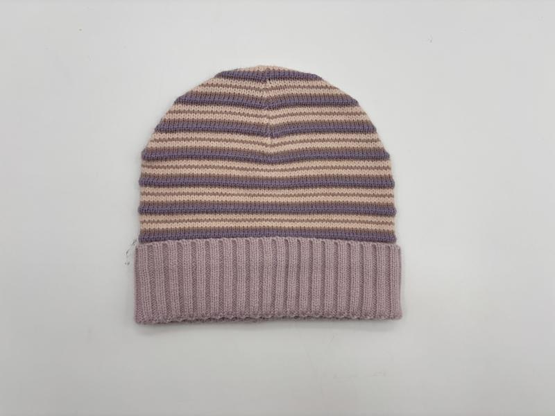 Knit beanie hat with purple and beige horizontal stripes and a solid lavender ribbed fold-over cuff, flat lay on white background - express production 15 days