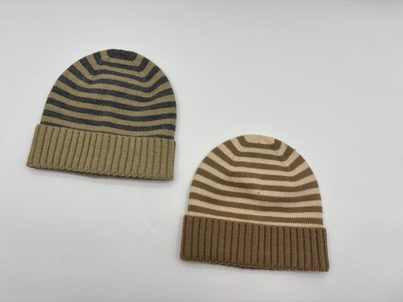 Two striped knit beanie hats with ribbed cuffs in khaki-grey and camel-cream colorways on white background - request quote reply same day