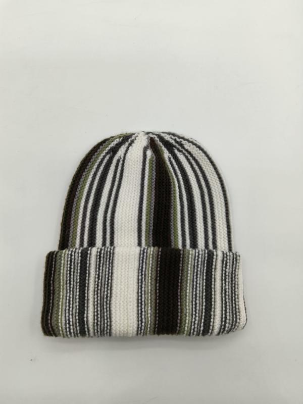 Multicolor striped ribbed knit beanie hat in white, black, and olive green with folded cuff, flat lay on white background - private label service available