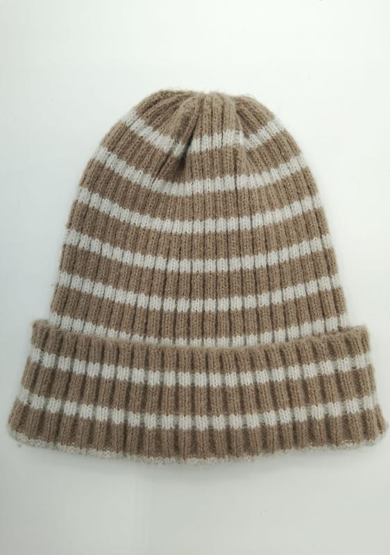 Tan and cream striped ribbed knit beanie hat with folded cuff, laid flat on white background - free sample within 7 days