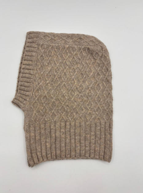 Taupe cable knit wool balaclava with diamond lattice and ribbed stripe pattern laid flat on white background - WhatsApp quote in 2 hours
