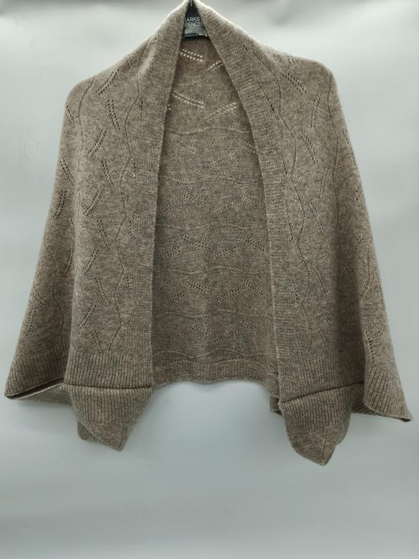 Taupe beige pointelle knit open front shrug cardigan with diamond lace pattern and ribbed cuffs on hanger - gift shop wholesale supplier
