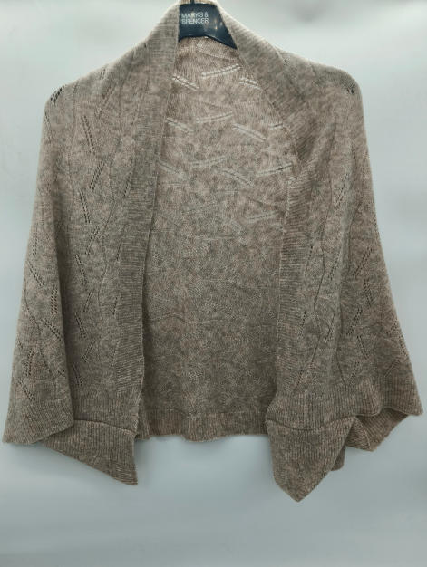 Taupe beige fine knit open front shrug cardigan with pointelle lace pattern and batwing sleeves on hanger - tiered pricing available ask quote