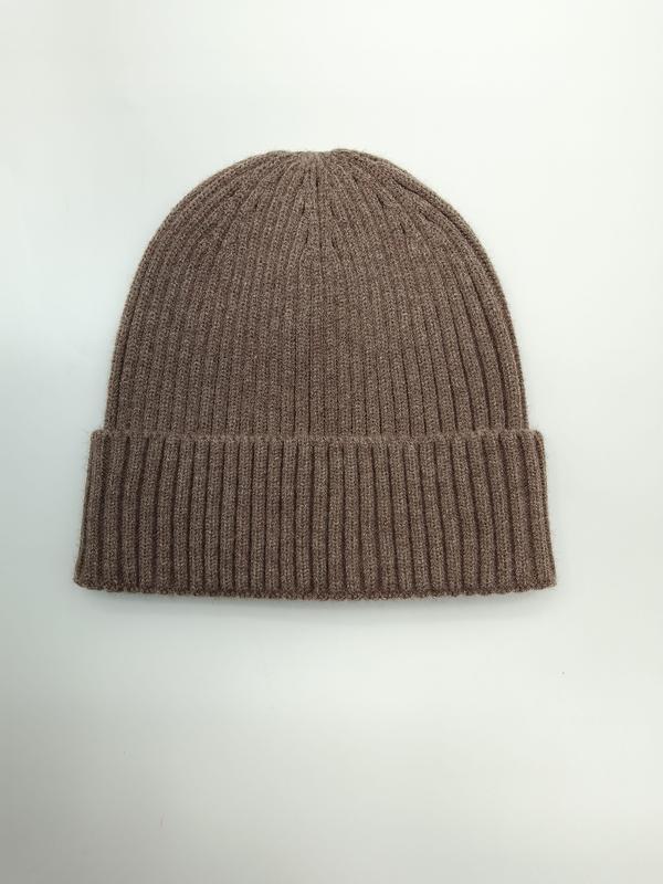 Taupe ribbed knit cuffed beanie hat laid flat on white background, soft fine-knit wool blend winter cap - ODM OEM service available