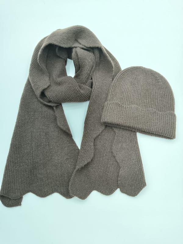 Taupe ribbed knit winter scarf with scalloped hem and matching cuffed beanie hat set on light background - certified scarf manufacturer China - hotel amenity scarf supplier