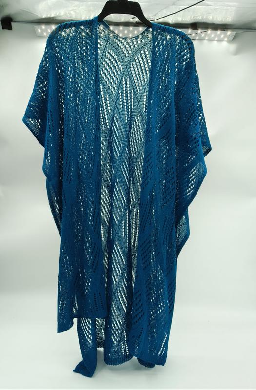 Teal blue open-weave lace knit kimono duster cardigan with wave pattern, displayed on hanger against white background - ODM OEM service available - bulk order 500+ pcs extra 8% off