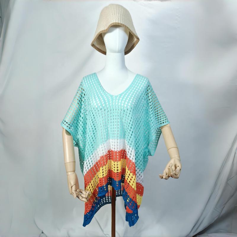 Mannequin wearing teal crochet mesh beach poncho with rainbow chevron stripe hem and beige bucket hat - custom size no extra charge