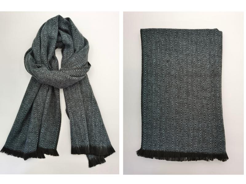 Teal and grey herringbone pattern woven scarf wrap with black fringe trim, shown draped and folded - low MOQ 50pcs trial order