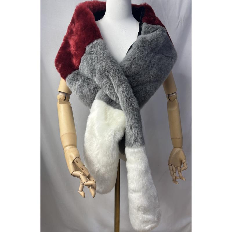 Faux fur wrap shawl in burgundy, gray, and white displayed on a mannequin with wooden artist arms - contact for custom design quote