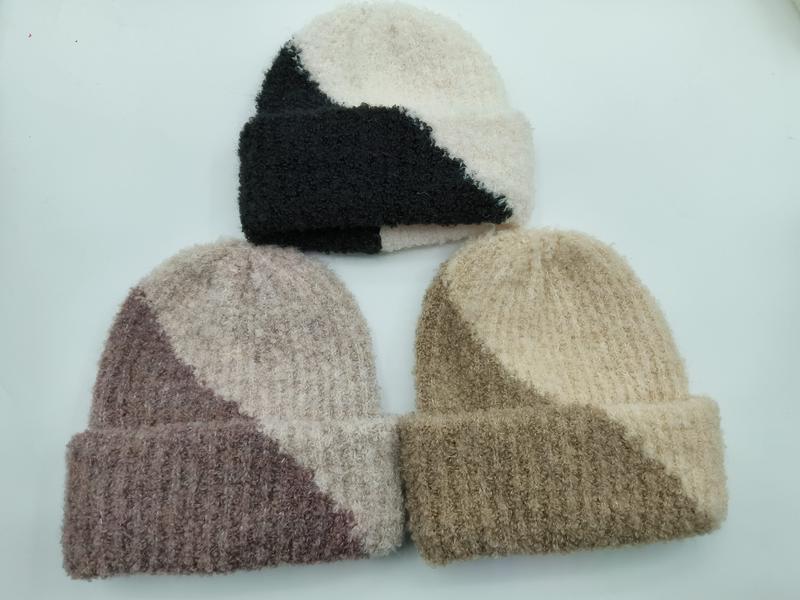Three two-tone colorblock knit beanies in black-cream, mauve-blush, and tan-khaki with ribbed cuff, displayed on white background - custom size no extra charge