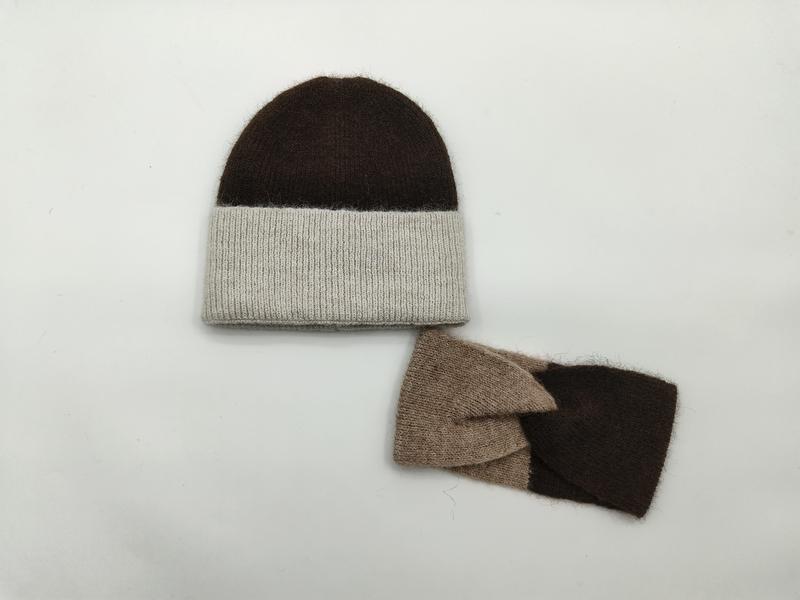 Brown and oatmeal two-tone knit beanie hat with matching dark brown and taupe fingerless gloves set on white background - jacquard custom pattern accepted