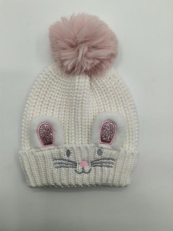 White chunky knit children's beanie hat with pink glitter bunny ears, embroidered whiskers, and large pink faux fur pom-pom on top - wholesale price for USA buyers