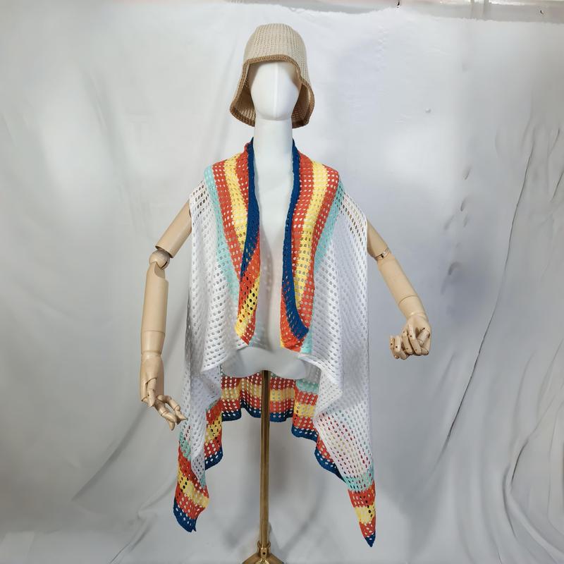 White crochet sleeveless cardigan with rainbow stripes in orange, blue, yellow, teal on mannequin with bucket hat - private label service available