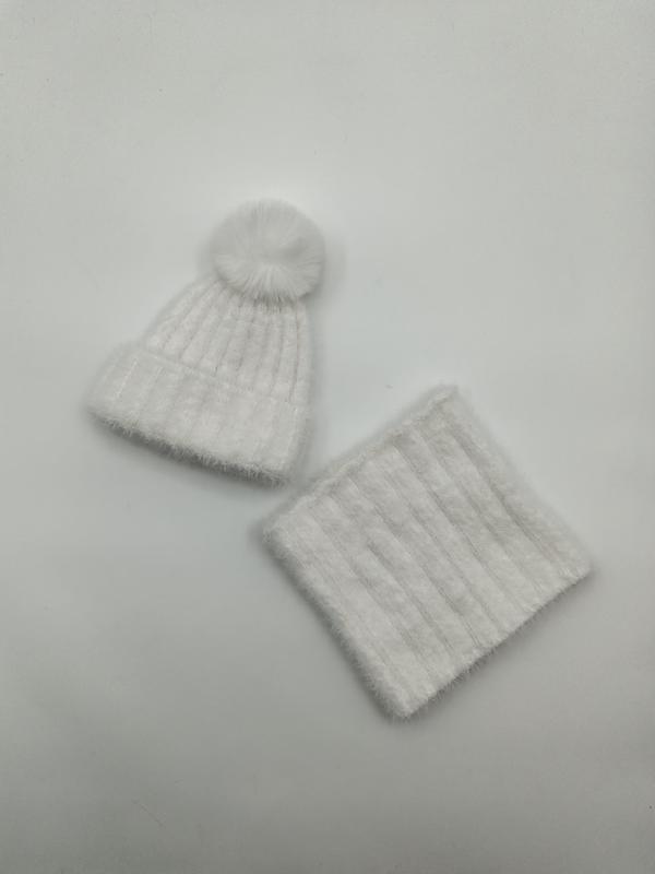 White fuzzy ribbed knit winter beanie hat with pom-pom and matching neck gaiter snood set on white background - EU REACH compliant material