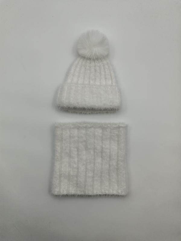 White fluffy ribbed knit winter beanie with faux fur pom-pom and matching neck warmer gaiter set on grey background - custom logo label accepted